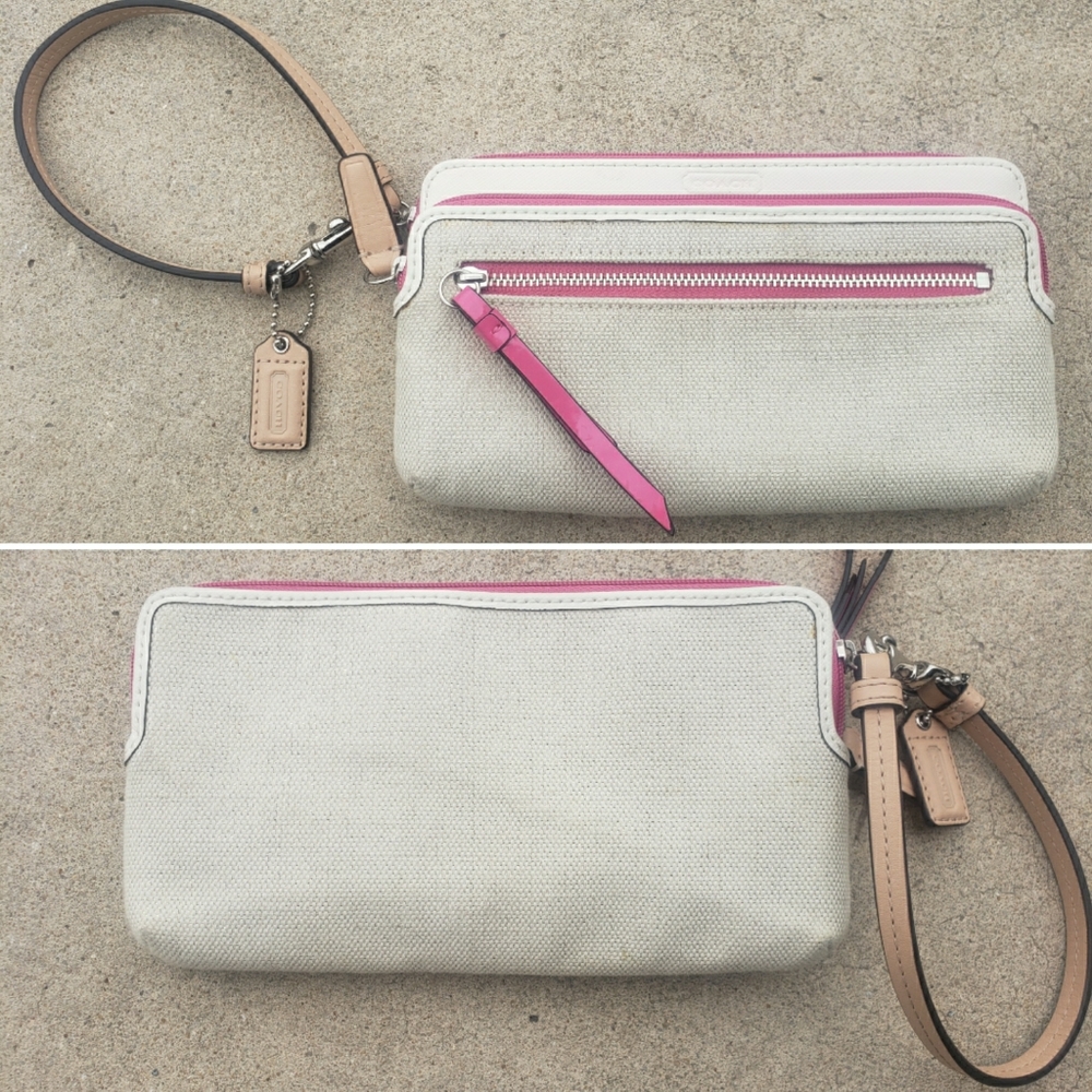 Coach Tan White Pink Canvas Zip Wallet Clutch